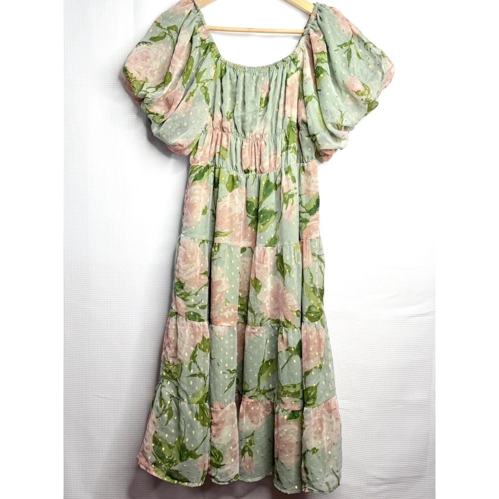 Floral Tiered Midi Dress Puff Sleeve Cottagecore Whimsical Romantic Large
